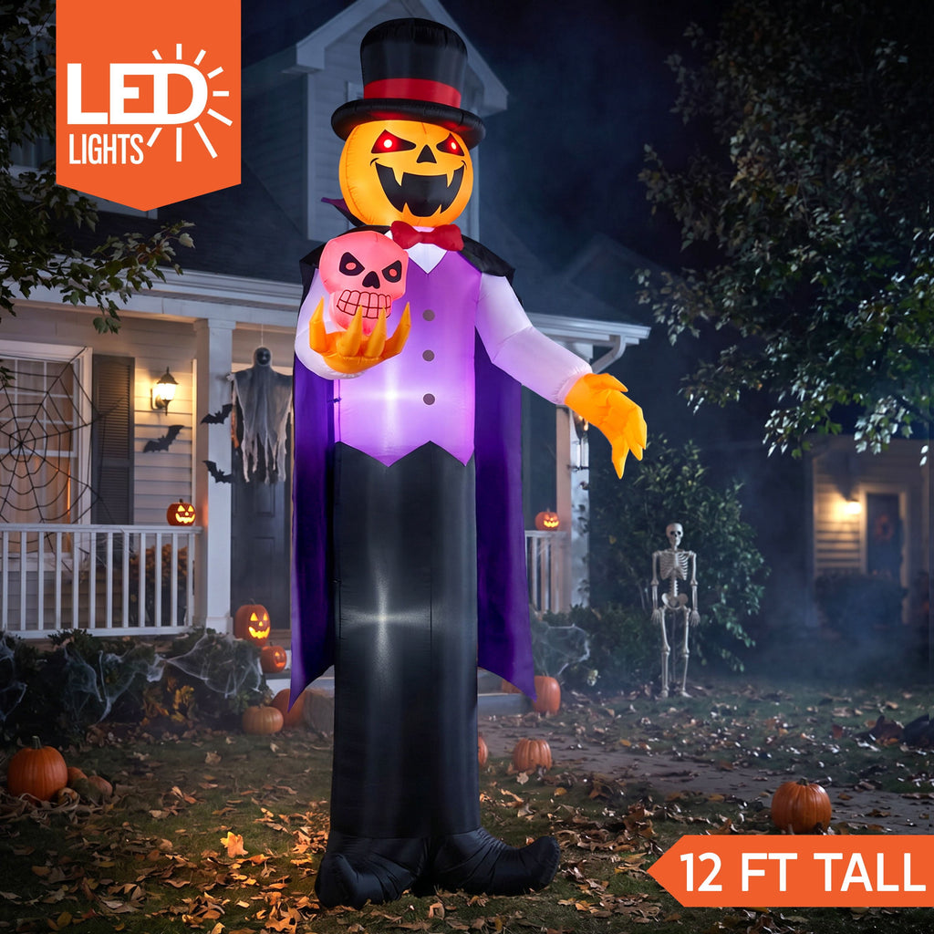 Joyfy 9 ft Halloween Inflatables Pumpkin Skeleton Decorations with Built-in LED Lights,Large Blow Up Decoration for Yard Lawn Garden Indoor Outdoor, Pumpkin Skeleton Inflatable Decoration