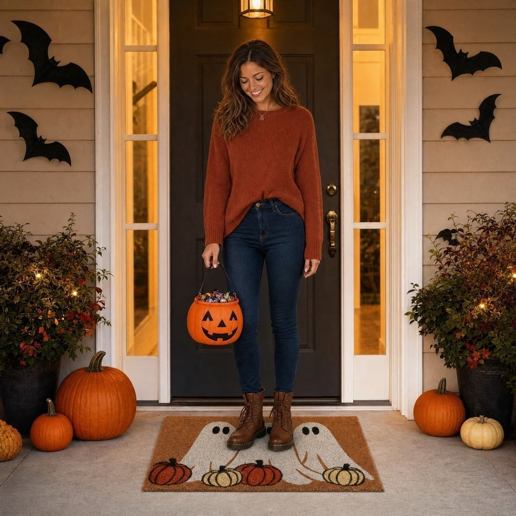 2026 Halloween Indoor Decorations Halloween Ghost And Pumpkin Doormat Cute Fall Welcome Mat For Front Porch Decor For Halloween Party, Yard Haunt, Indoor Outdoor Decor Props