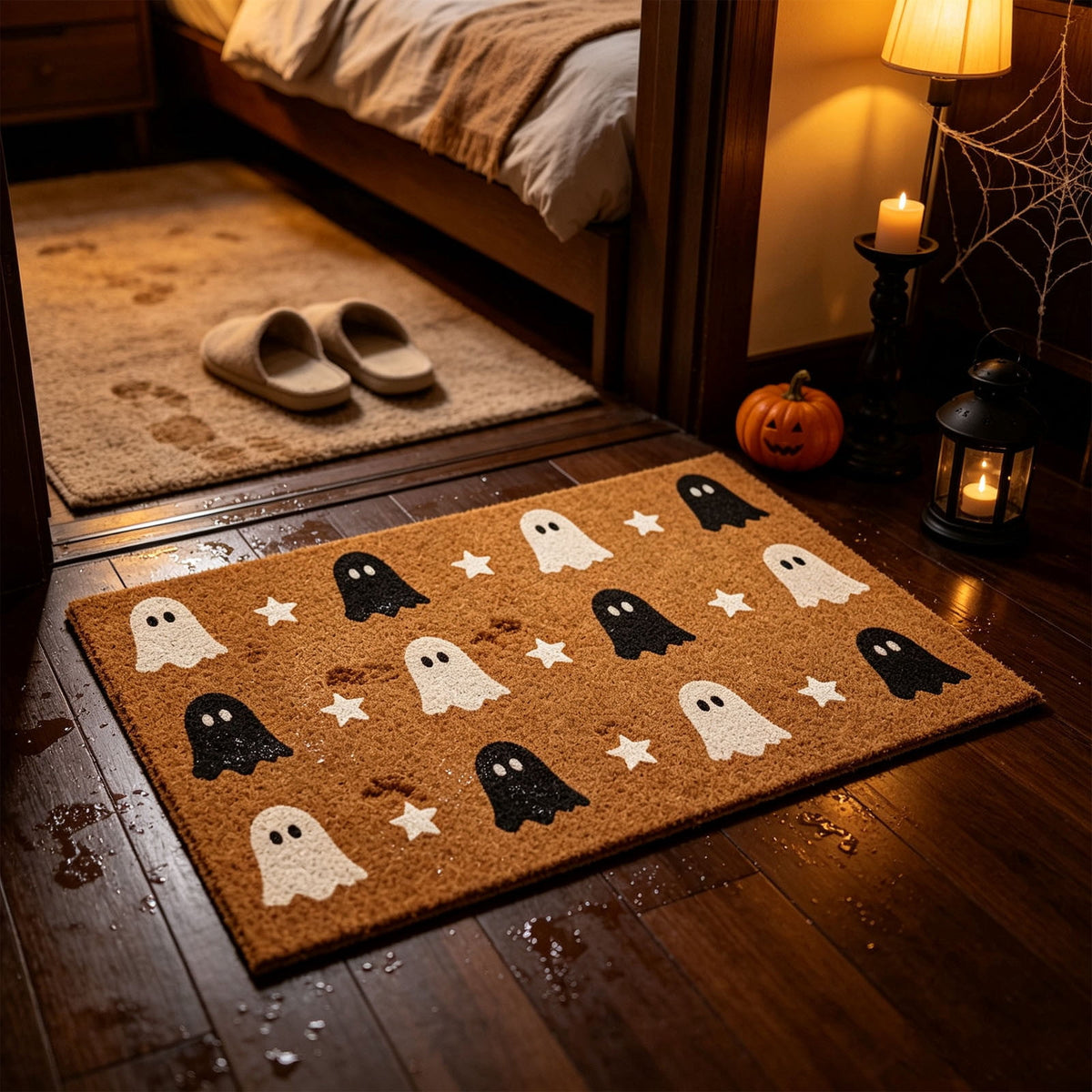 Fllostpr Halloween Pumpkin & Crow Welcome Doormat for Front Door, Non-Slip Vintage Brown Coir Floor Mat for Outdoor Porch Entryway Decor,16x24 Inch