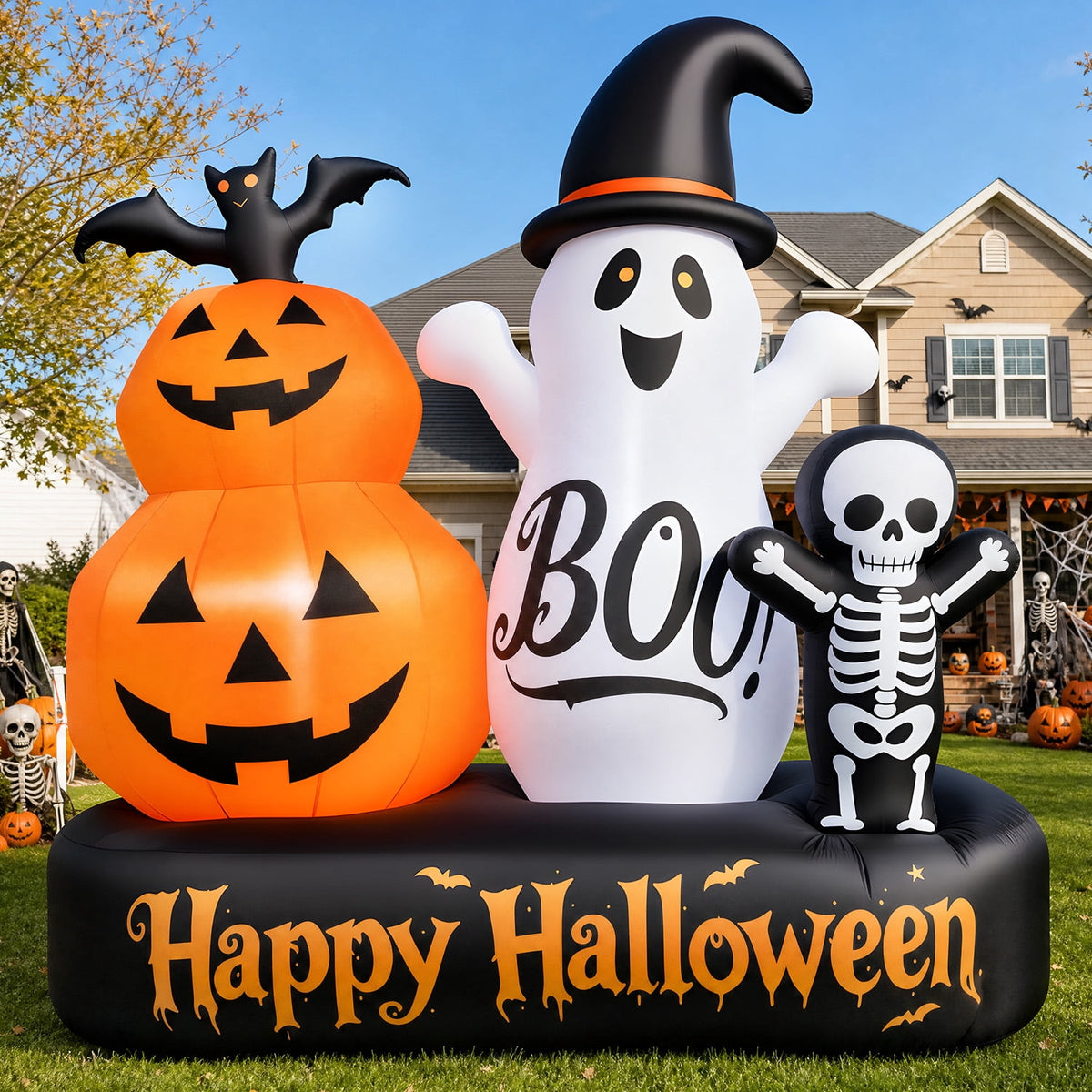 6ft Halloween Inflatable Outdoor Decorations, Lighted Pumpkin Ghost Skeleton with Bat, Built-in LED Lights, Blow Up Halloween Yard Decoration for Lawn, Porch & Party