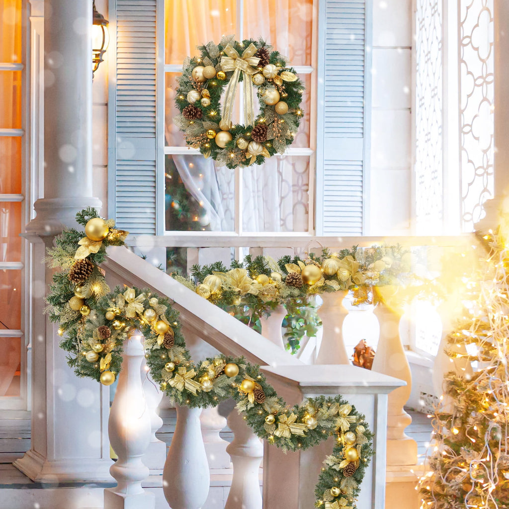 JoanKaren 24 inch Large Christmas Wreath Silver White with 20 LED Lights,Prelit Xmas Wreath w/ Ball Ornaments Pine Cone