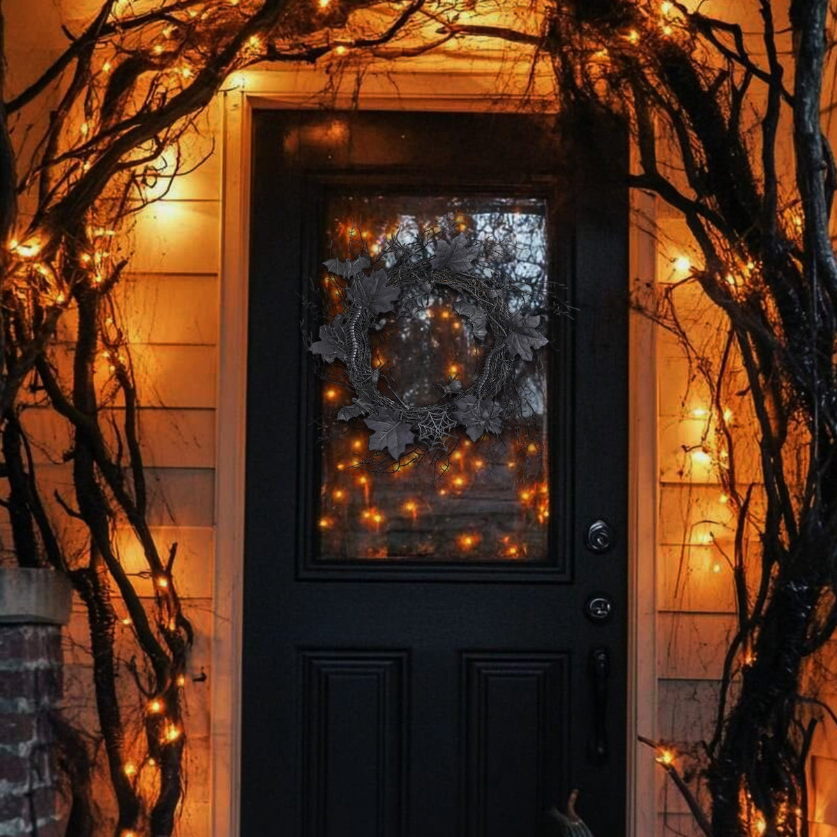Halloween Door Wreath with Leaves and Red Roses, Halloween Wreath for Front Door, Branch Red Rose Wreath Halloween Decorations for Indoor Window Party Wall Home,20x20 Inch
