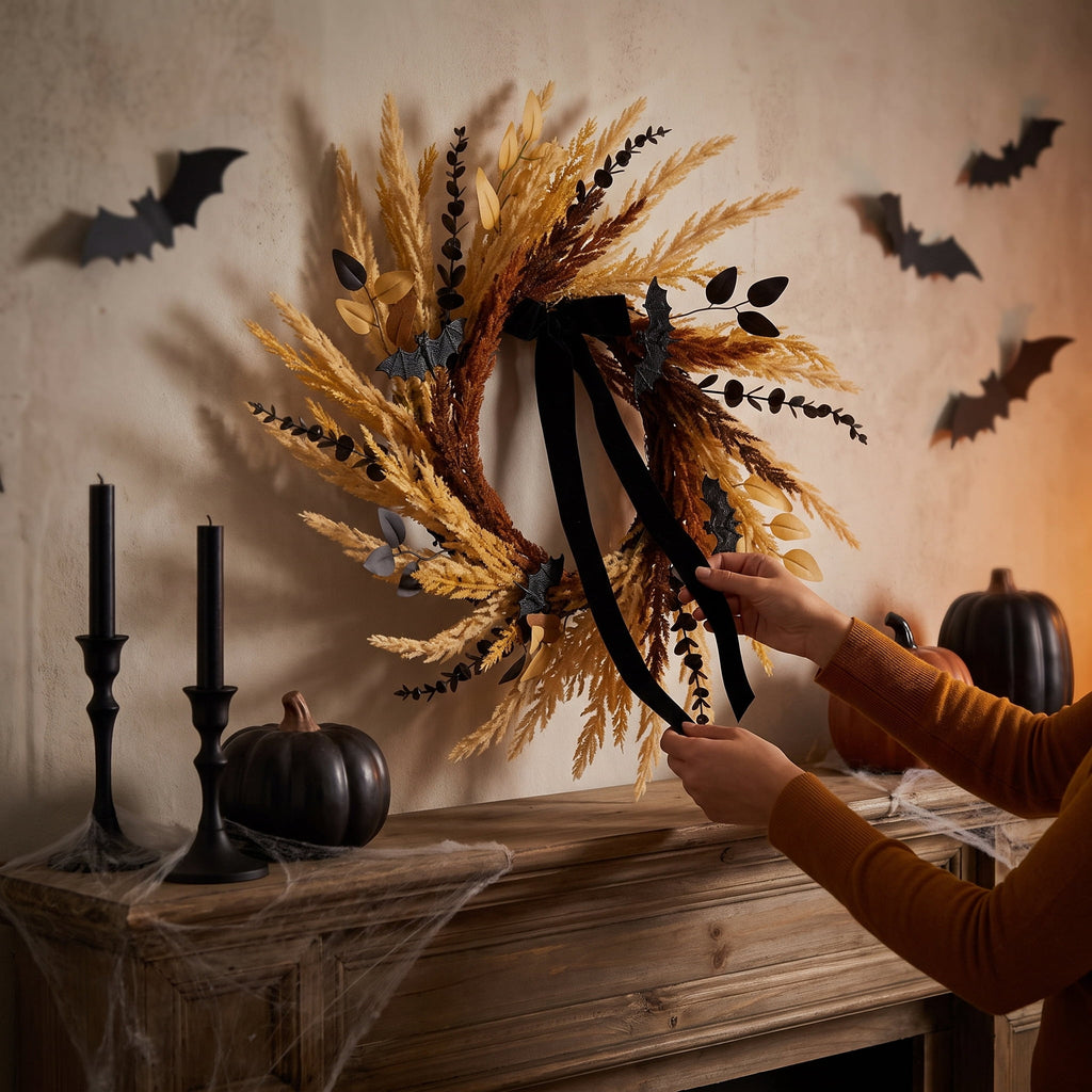 Wheat with Bats Wreath, Yellow and Black, 24", Halloween by Way To Celebrate