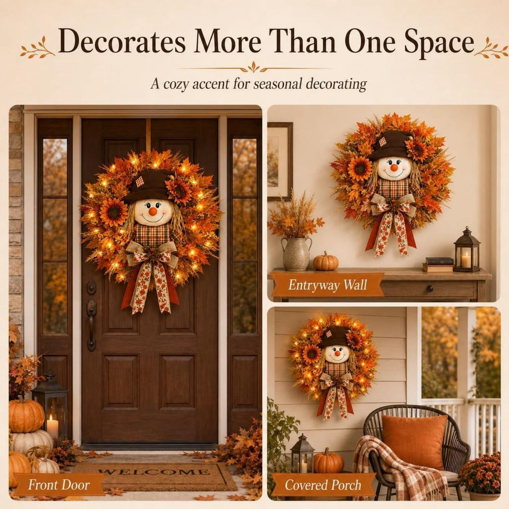 Lighted Scarecrow Halloween Fall Wreath for Front Door, Autumn Harvest Decor, Sunflower Maple Wreath, Warm LED and Farmhouse Burlap Bow & Leaf