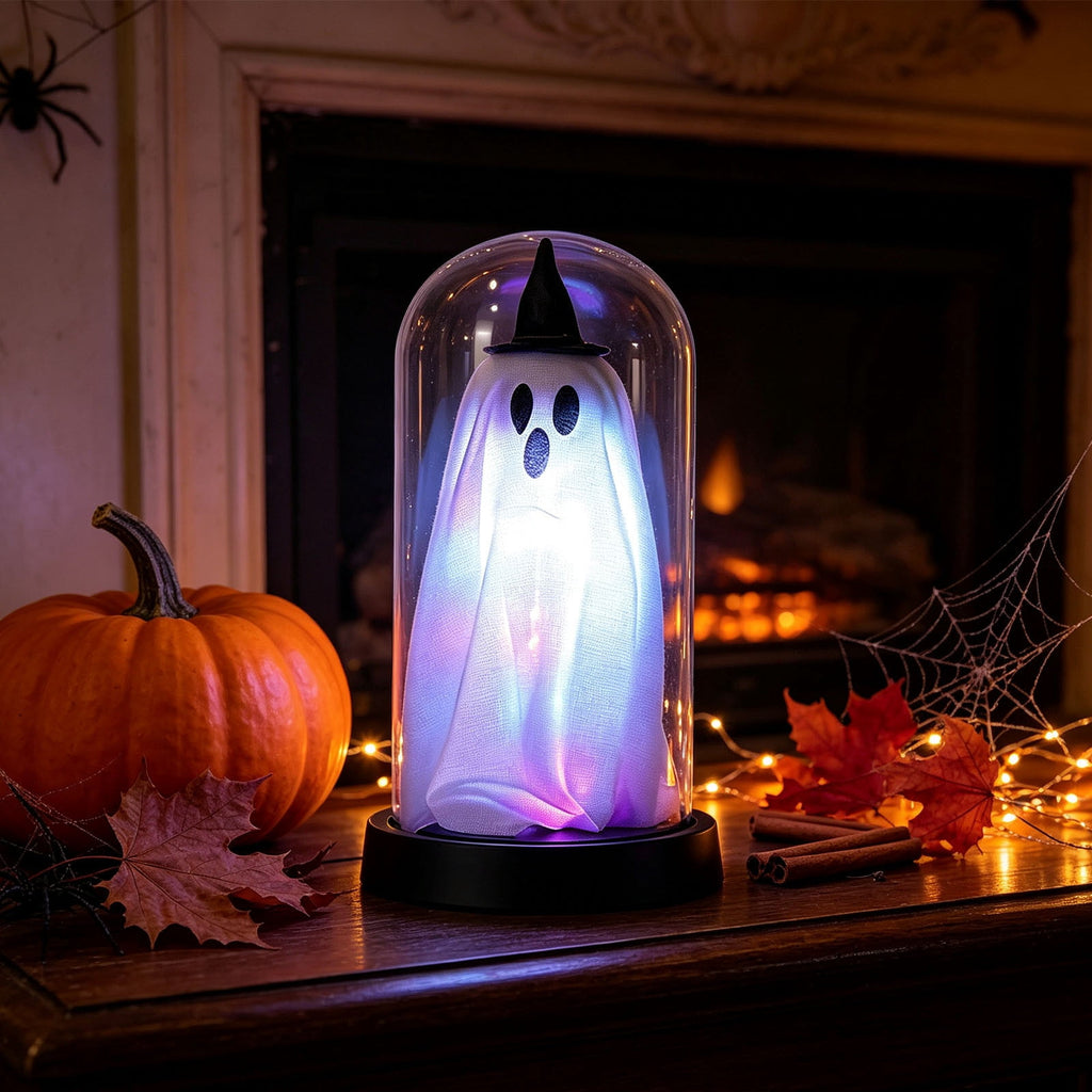 Orangide Halloween Ghost Cloche Night Light Fabric Ghost Lamp with Glass Dome for Mantel Shelf Spooky Party and Home Decor Ornament