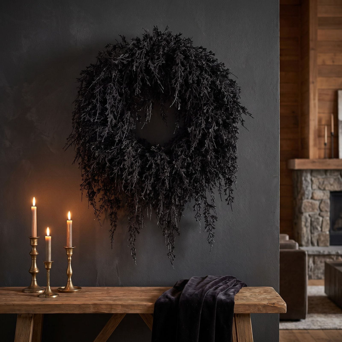 Black Halloween Wreath for Front Door, 16 Inch Twig Wreath with Velvet Bow, Gothic Fall Farmhouse Decorative Wreath for Porch Mantel Entryway Home Decor