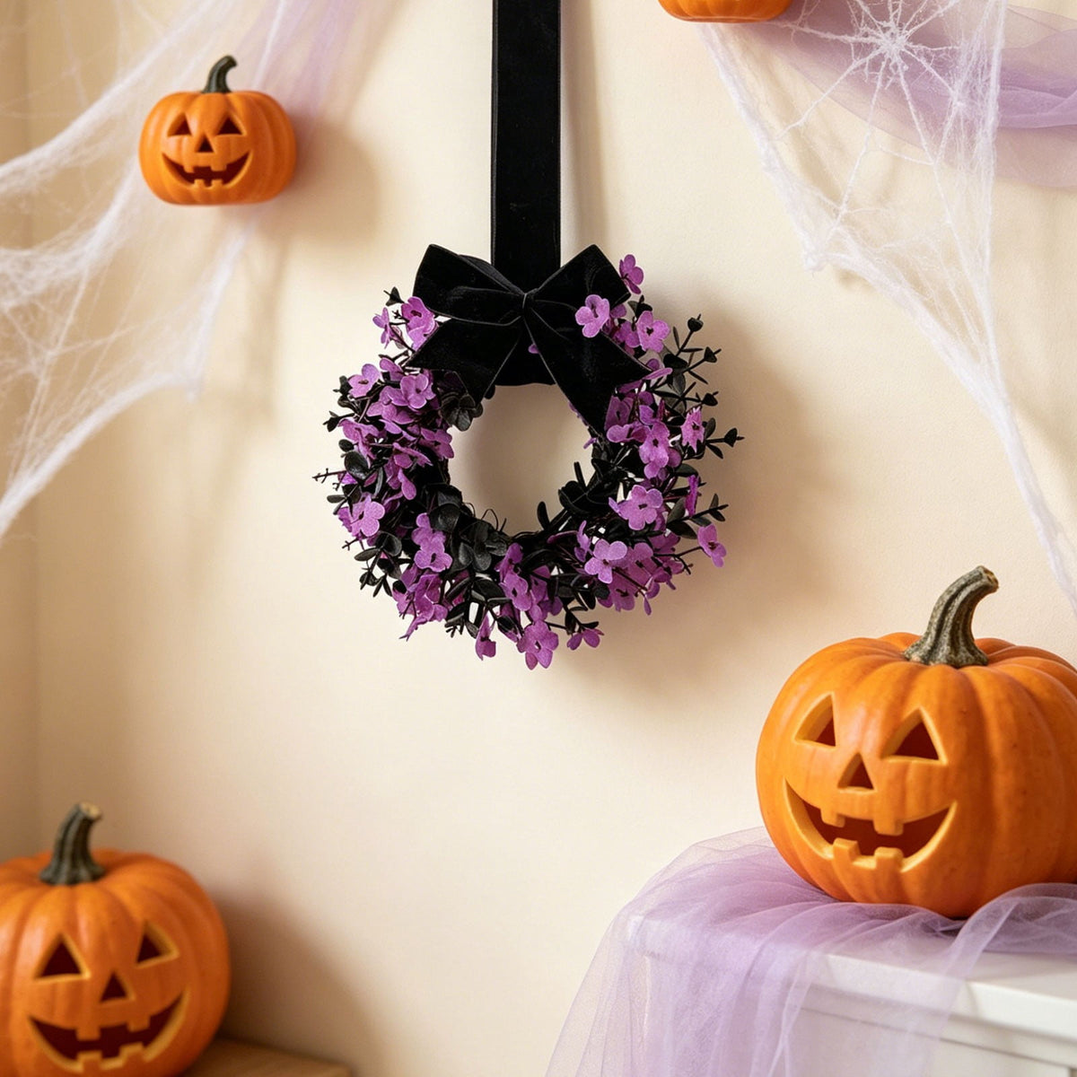 Halloween Star Shaped Bow Wreath for Window Door Display, Autumn Festival Artificial Wreath Decor