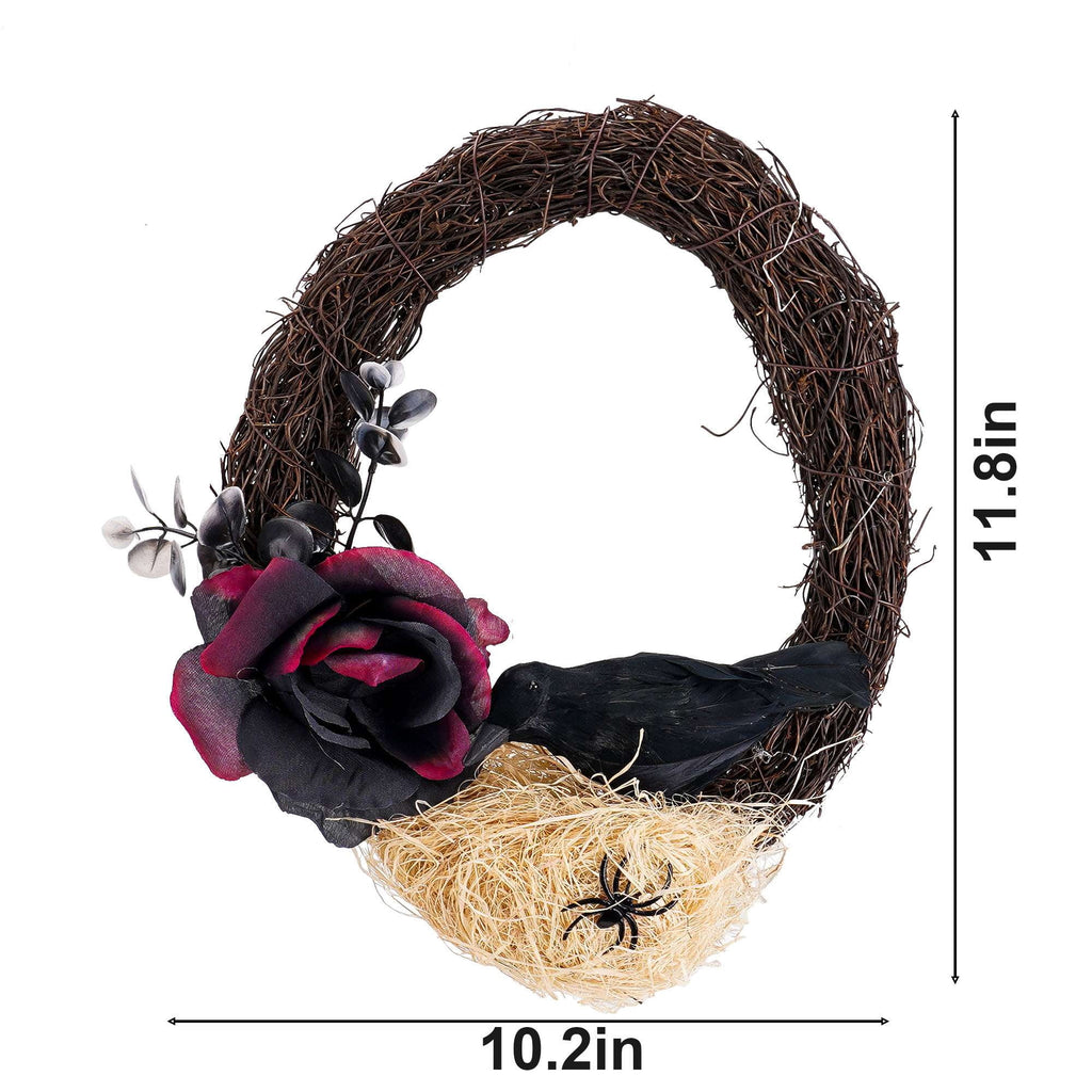 Spencer Halloween Wreath for Front Door, 10 Inch Halloween Garland with Black Rose, Crow, Spider and Twig Branch for Home Porch Window Wall Decor