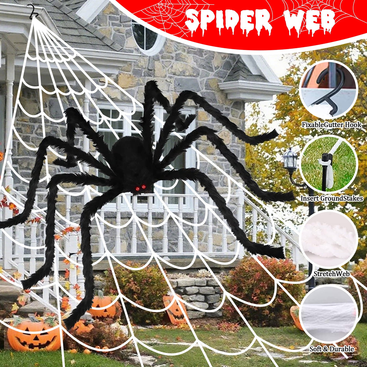 Scidweet Halloween Decorations Outdoor, 350 LED Halloween Spider Web Lights with 79" Large Spider for Garden Yard Home Decor, Multicolor