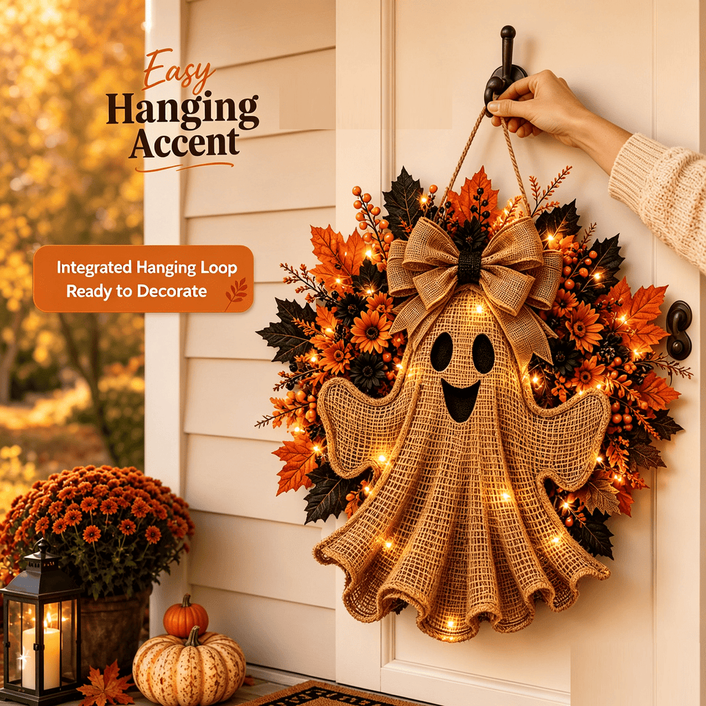 LGHDIWN Lighted Ghost Hanging Wreath for Front Porch, Halloween Door Decor with Spooky Design, Covered Porch Wall Window Indoor Display, Glowing Accent, Halloween Decoration