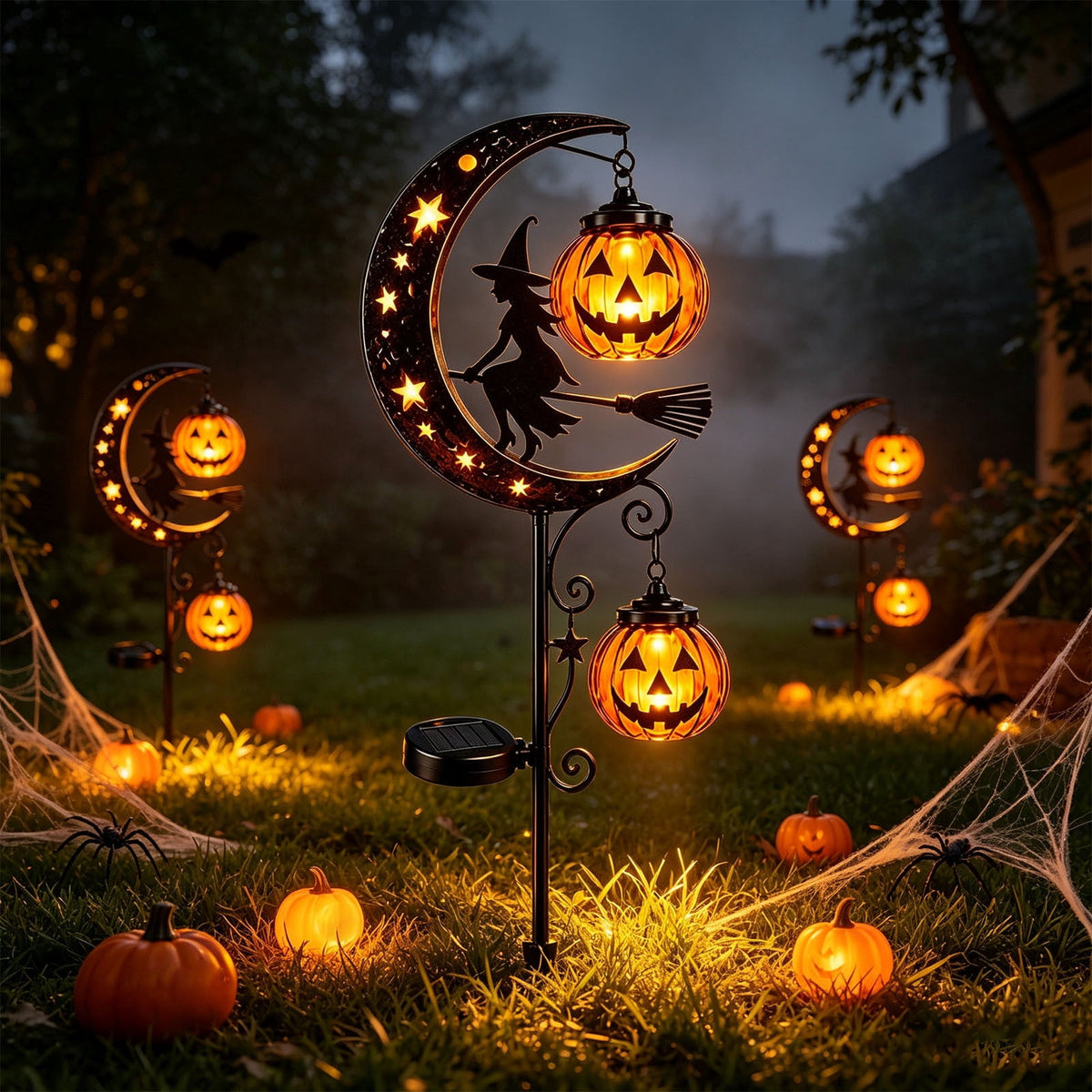 Solar Halloween Metal Moon Black Cat Garden Stake with LED Pumpkin Lantern, Light Up Star Bat Yard Decor Stake, Spooky Outdoor Lawn Pathway Halloween Decoration