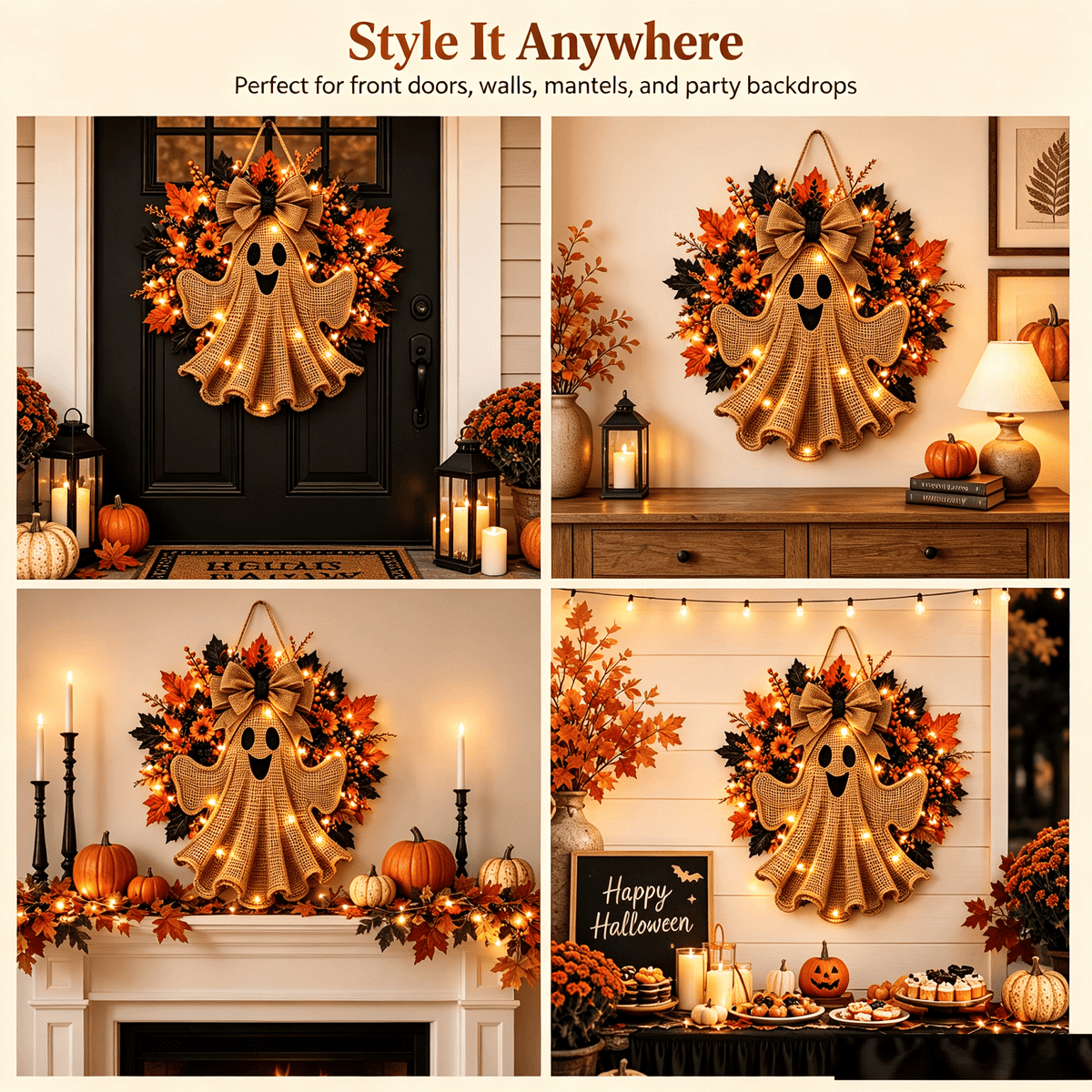LGHDIWN Lighted Ghost Hanging Wreath for Front Porch, Halloween Door Decor with Spooky Design, Covered Porch Wall Window Indoor Display, Glowing Accent, Halloween Decoration