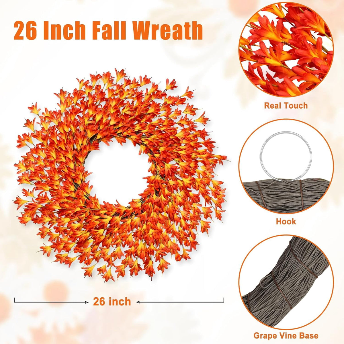 26 Inch Realistic Fall Wreaths for Front Door Outside Autumn Wreath Outdoor Indoors Fall Decorations for Home Thanksgiving Halloween Holiday Decorations Clearance for Wall Porch Door (Wine Red)