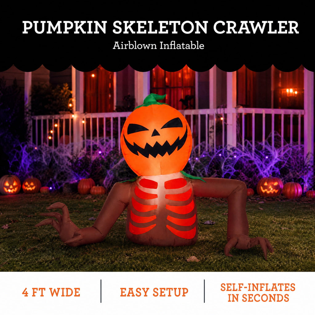 Pumpkin Skeleton Crawler Airblown Yard Inflatable, Multicolor, 4', Halloween by Way To Celebrate