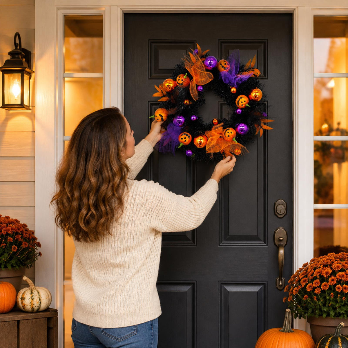 Ktlvex 20" Halloween Wreaths Decoration for Front Door,Black Wreaths Pumpkin Feather Maple Leaves with Lights,Halloween Indoor Outdoor Home Decor（B）