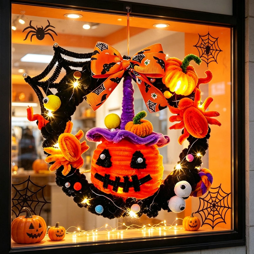 WWC Halloween Wreath, Orange LED Pumpkin and Bats Wreath, Gothic Halloween Decorations Wreath for Front Door, Indoor Outdoor Party Decor