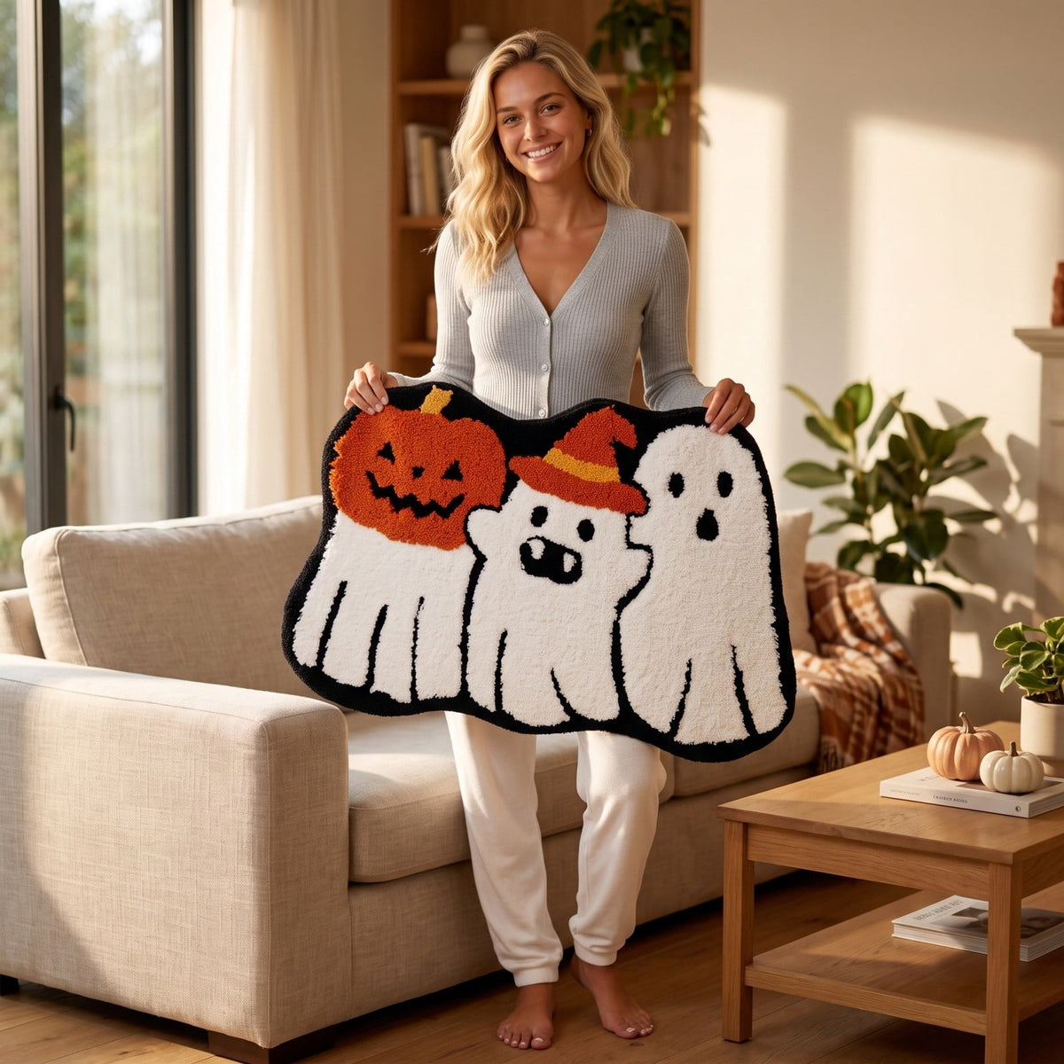 Halloween Bath Mat Ghost Multicolor Irregular Mat 27.56x17.72in Polyester Skidproof & Absorbent for Bathroom Entryway Living Room Halloween Door Mat by MPOISVA