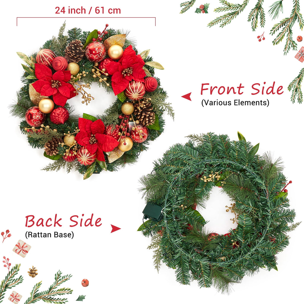 JoanKaren 24 inch Large Christmas Wreath Silver White with 20 LED Lights,Prelit Xmas Wreath w/ Ball Ornaments Pine Cone