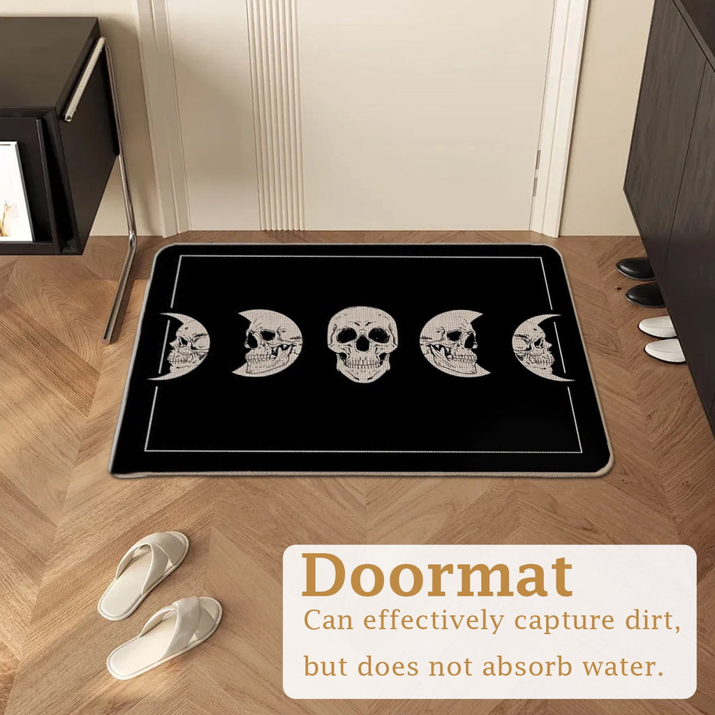 Halloween Doormat, Black Diatom Mud Rubber Base Mat, Non Slip Quick Dry Absorbent, Skull Moon Phase Decor for Outdoor Entryway Porch Front Door, Durable Easy Clean Floor Rug 17x29 Inch