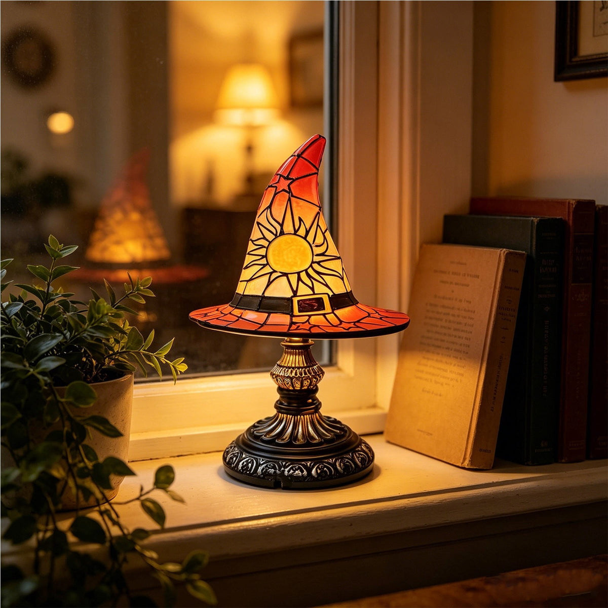 BZPIZ Witch Hat Lamp Handcrafted Retro Resin Stained Witch Hat Desk Lamp Halloween Home Decor Gothic Wizard Hats Night Light for Bedroom & Bookshelf