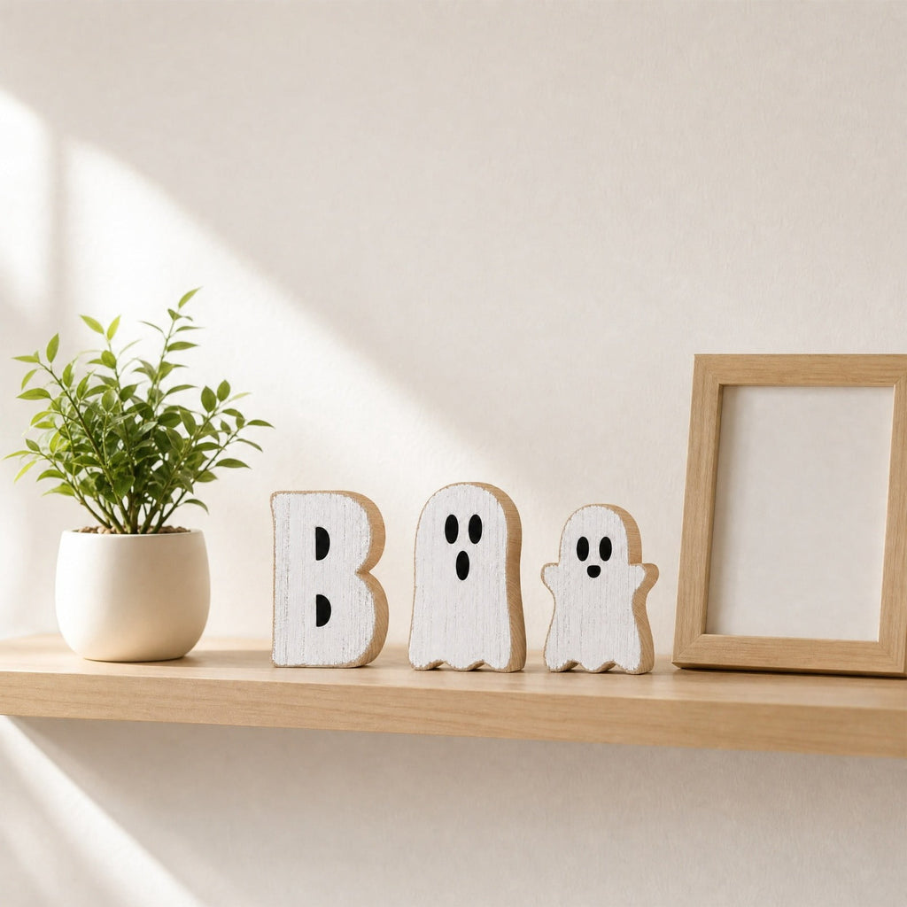 Miwamany 3 Pack Spooky Cute Ghost Wooden Figurine Set, Freestanding Lightweight Tabletop Ornament, Reusable Festival Decor for Home Kitchen Office Tiered Tray Halloween Centerpiece