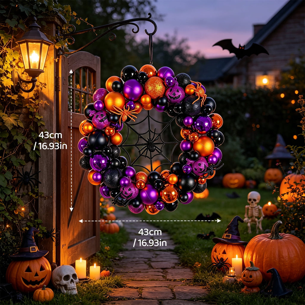 Godance 16 Inch Purple Halloween Spider Ball Wreath for Front Door, Halloween Treat-or-Trick Door Wreath Plastic Ball Ornament for Halloween Indoor Decorations Centerpiece Party Holiday Wall Decor