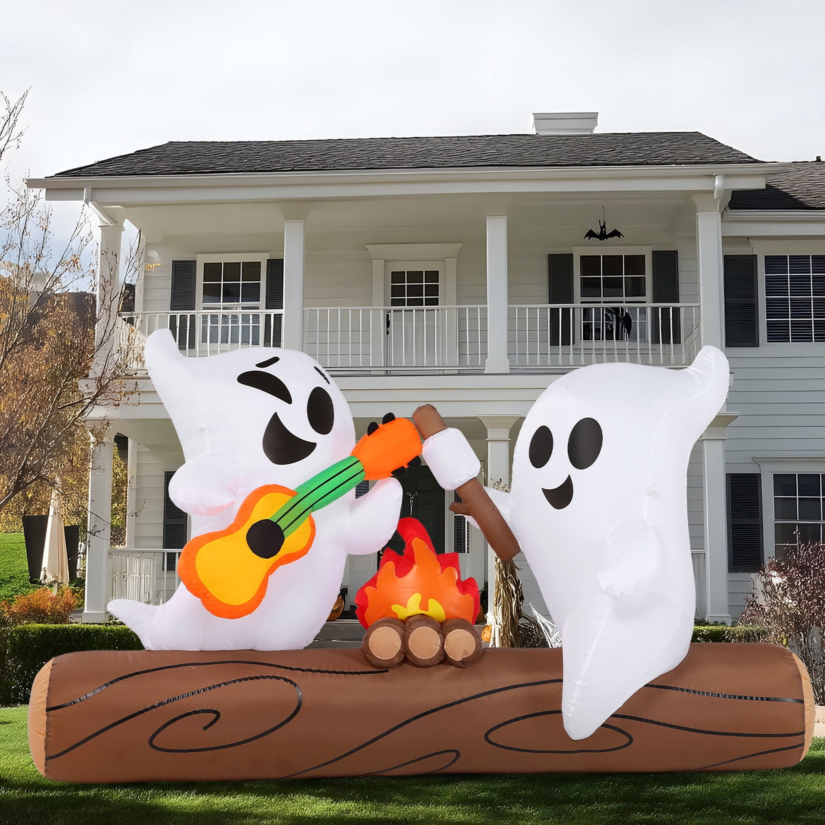 Joyfy 5ft Halloween Inflatables Light up Cute Ghost,Blow Up Ghost Lift Pumpkin Candy Bag with Build-in LEDs for Yard Decorations