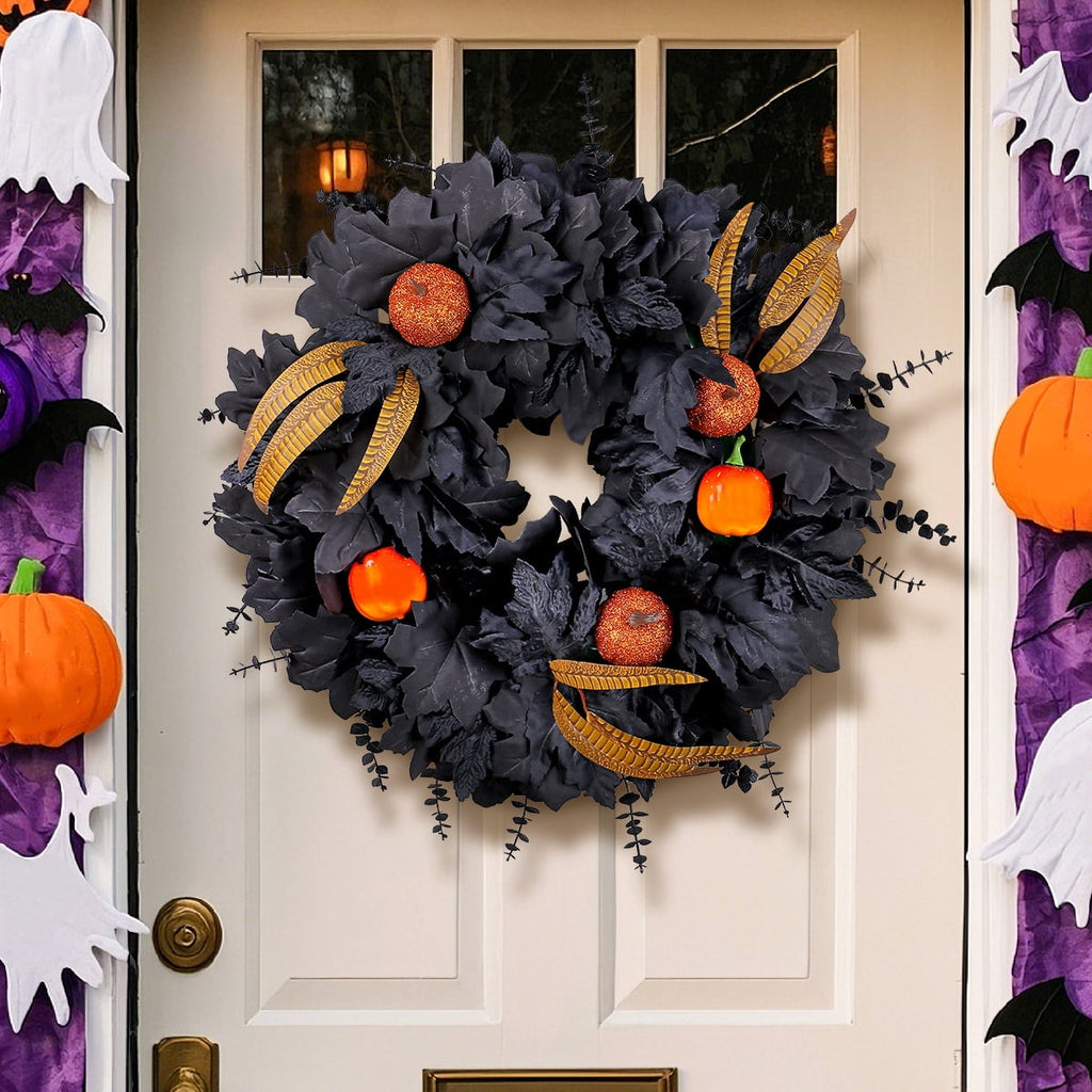 Halloween Wreath for Front Door, 20 Inch Black Maple Leaf Wreaths with Light, Pumpkin, Halloween Atmosphere Haunted House Decor, for Indoor,Outdoor,Wall Window,Porch,Farmhouse,Home,Party Decoration