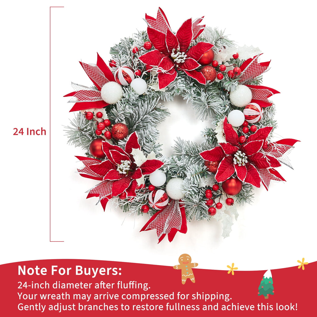JoanKaren 24 inch Large Christmas Wreath Silver White with 20 LED Lights,Prelit Xmas Wreath w/ Ball Ornaments Pine Cone