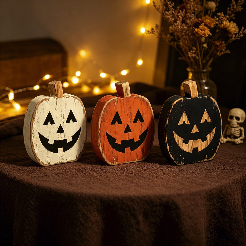 3 Pack Wooden Pumpkin Halloween Decor, Distressed Jack O Lantern Tabletop Set Rustic Indoor Fall Shelf Ornaments