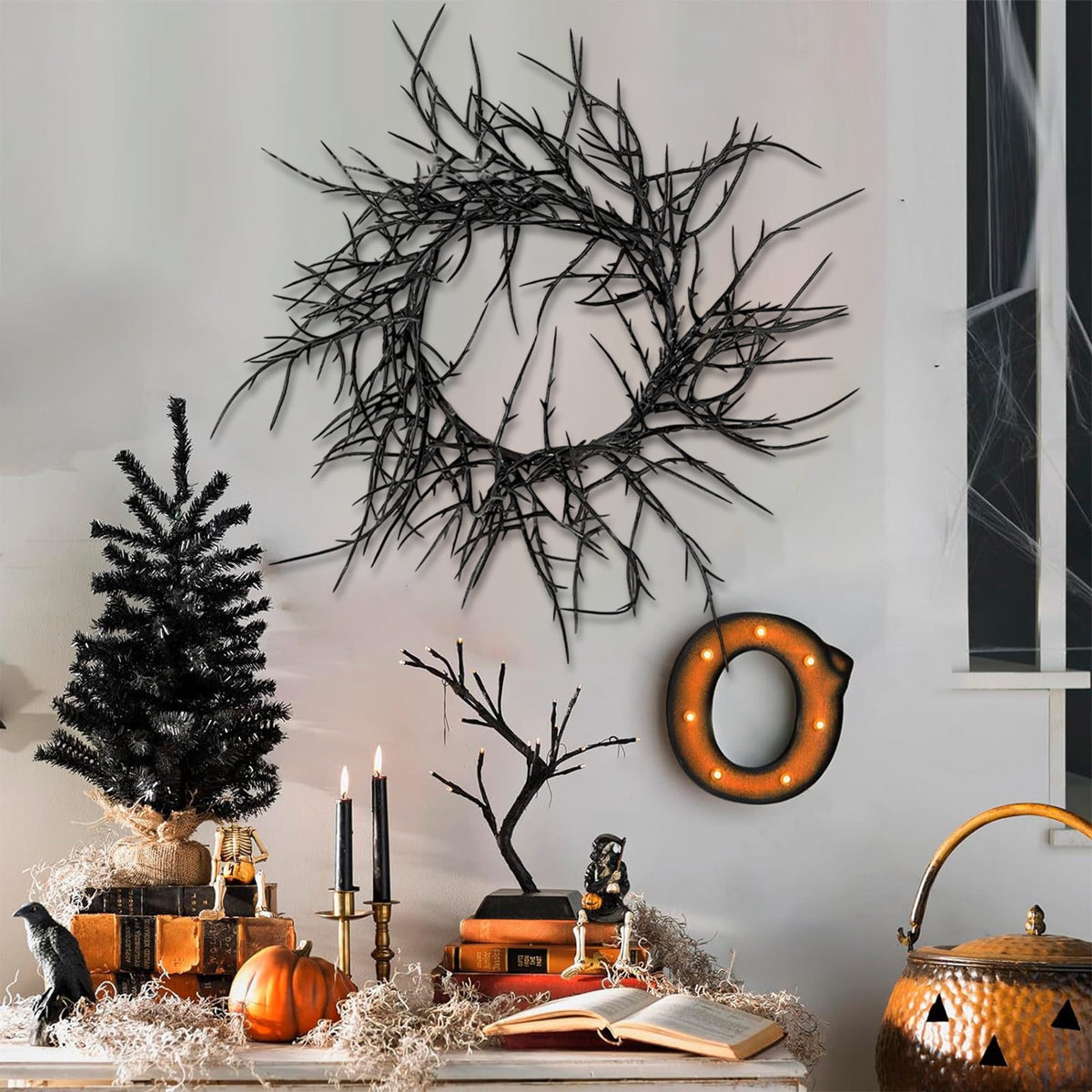Halloween Wreath, Black Twig Wreath for Front Door, Artificial Spooky Branch Decor for Indoor Outdoor Home Party, Wall Hanging Ornament