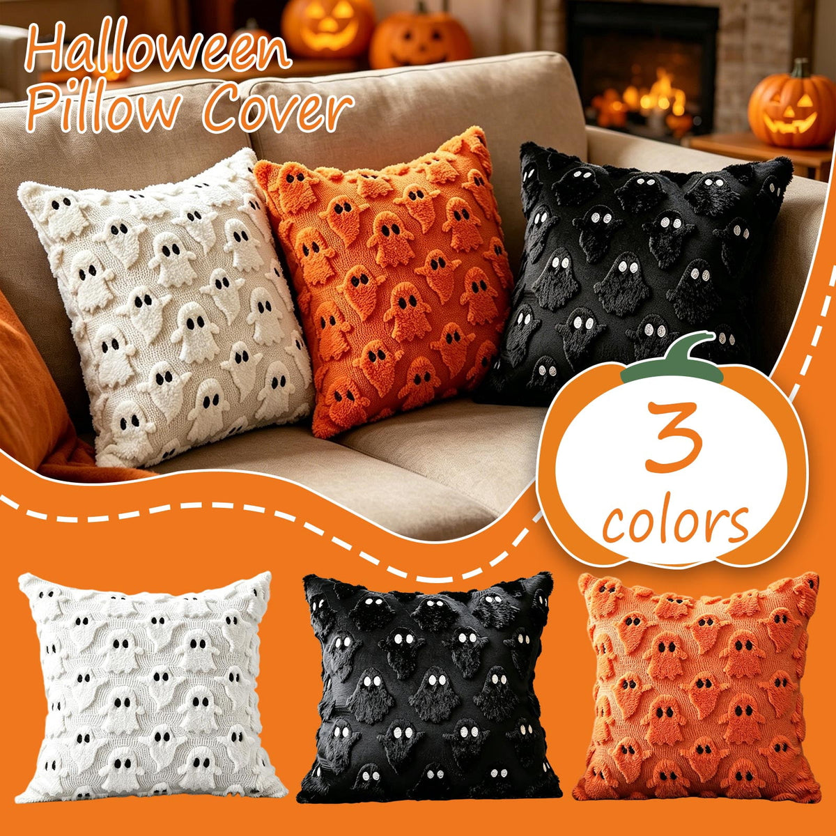 Decorative Pillow Orange Ghost Plush Throw Pillow Cover 18X18 Inch Halloween Home Decor for Couch Bedroom Holiday Decor