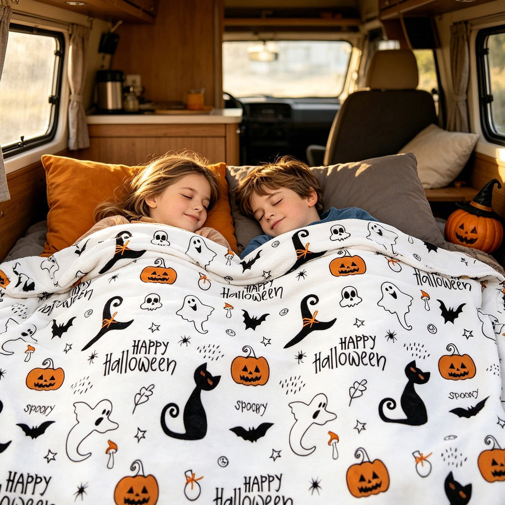 Halloween blanket,Halloween Print Throw Blanket Flannel Soft Cozy Decorative Nap Blanket with Ghost Pumpkin Skull for Office Bedroom Sofa Camping Travel(100x150cm/39x59 Inch),Black