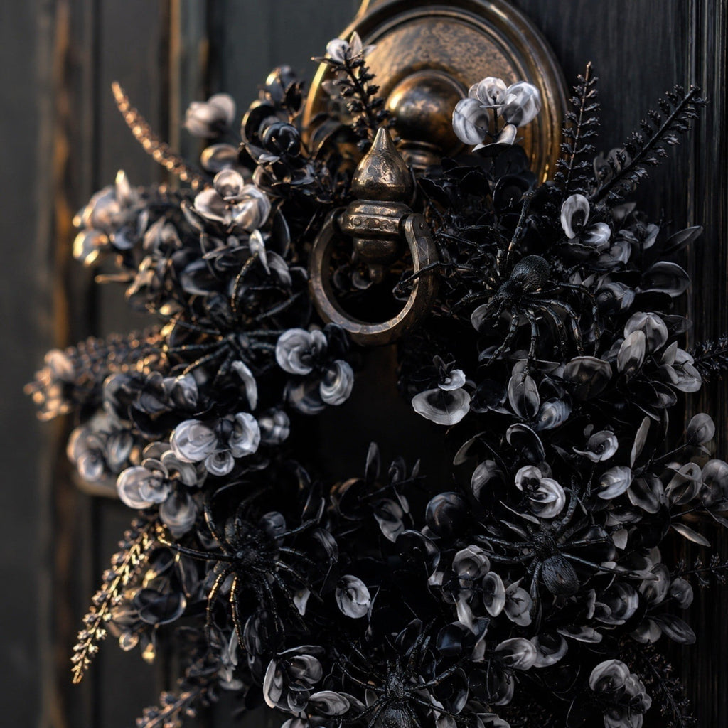 12 Inch Black Eucalyptus Halloween Wreath, Artificial Floral Door Wreath with Pumpkin Cutouts for Front Porch Indoor Door Halloween Party Gothic Home Decor