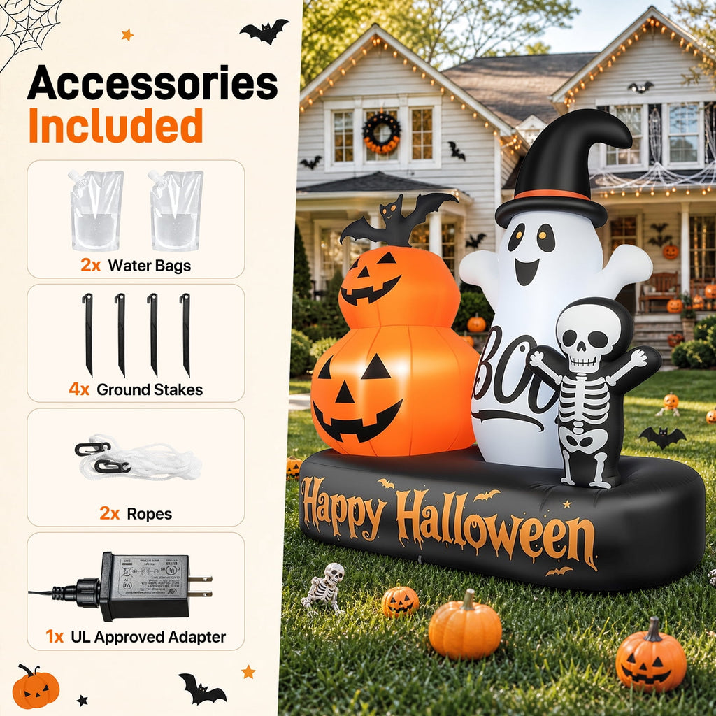 6ft Halloween Inflatable Outdoor Decorations, Lighted Pumpkin Ghost Skeleton with Bat, Built-in LED Lights, Blow Up Halloween Yard Decoration for Lawn, Porch & Party