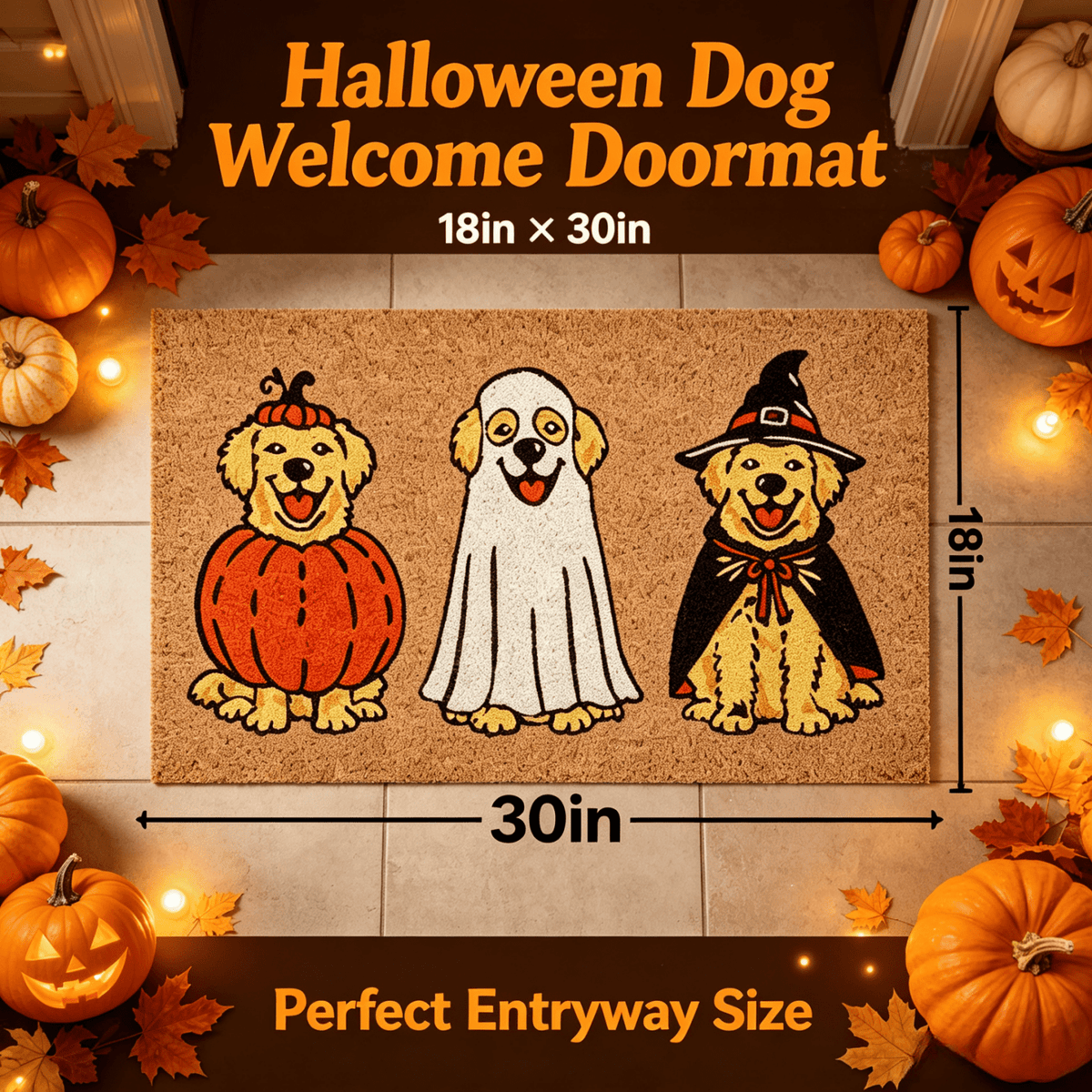 Halloween Golden Retriever Door Mat, 30"×18" Non-Slip Floor Rug, Mat for Home Porch Fall Decor & Pet Lover Housewarming Gift