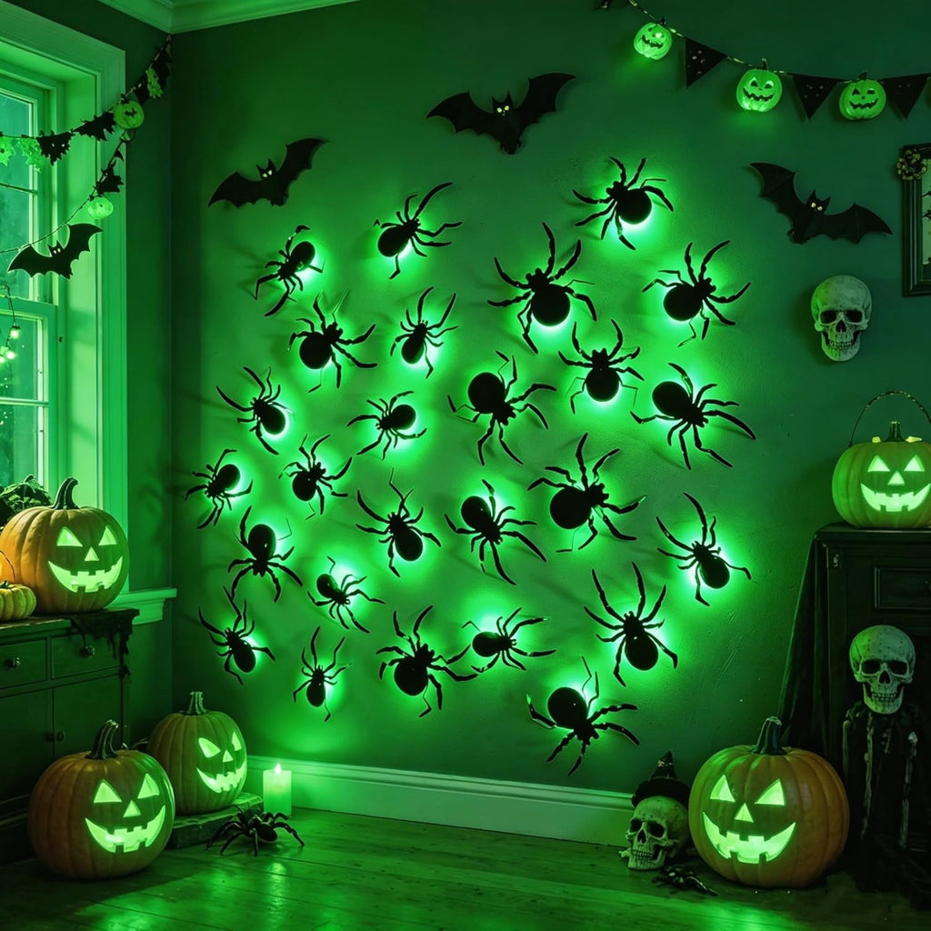 CQHVKQ 36 PCS Halloween Bats Decorations, Realistic 3D LED Bats Wall Stickers Decor, Assorted Size Removable Lighted PVC Bats DIY Wall Sticker for Halloween Party, Bedroom, Home, Indoor and Outdoor
