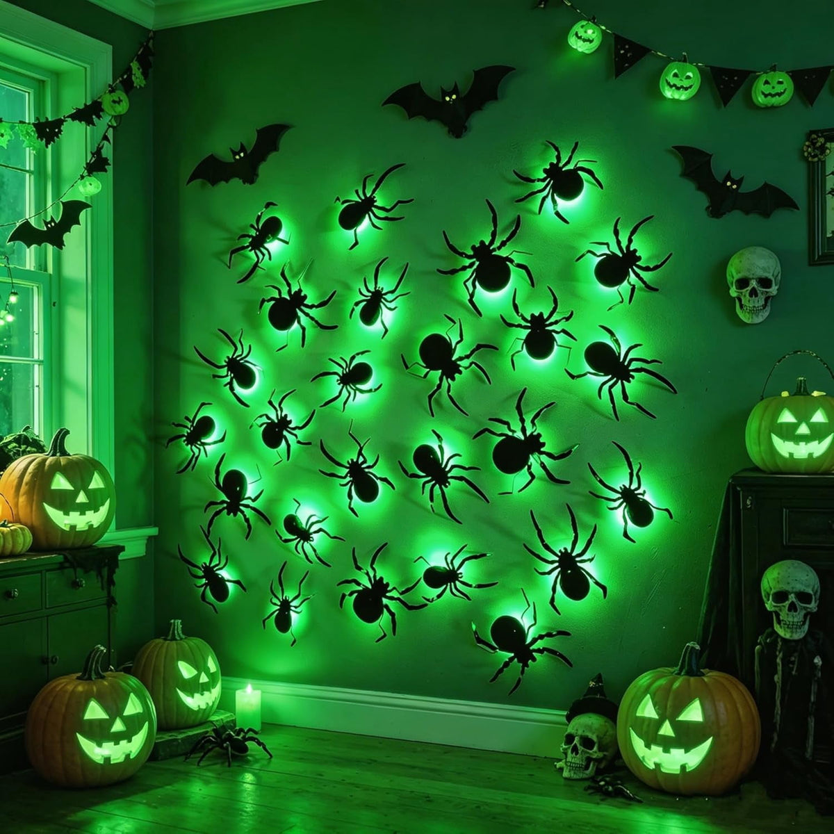CQHVKQ 36 PCS Halloween Bats Decorations, Realistic 3D LED Bats Wall Stickers Decor, Assorted Size Removable Lighted PVC Bats DIY Wall Sticker for Halloween Party, Bedroom, Home, Indoor and Outdoor