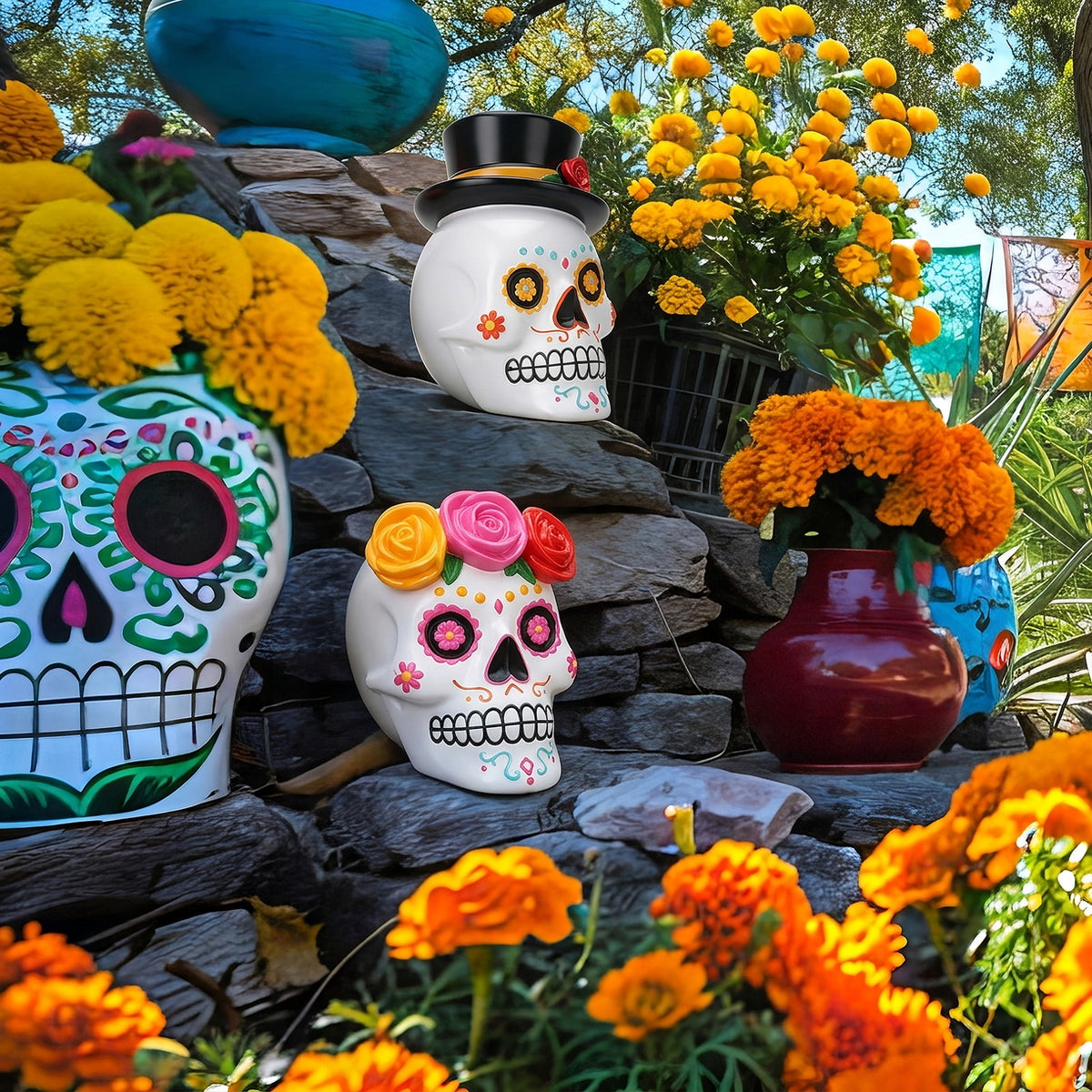sixwipe Resin Day of The Dead Skull Couple, Halloween Decor, Black and White Skeleton Figurine Set, Male with Top Hat, Female with Red Rose Wreath