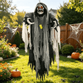 Gamexcel 5.7 ft Halloween Hanging Grim Reaper, Black Skeleton Ghost with Sensor-Activated LED Eyes and Sound, Indoor and Covered Outdoor Decor